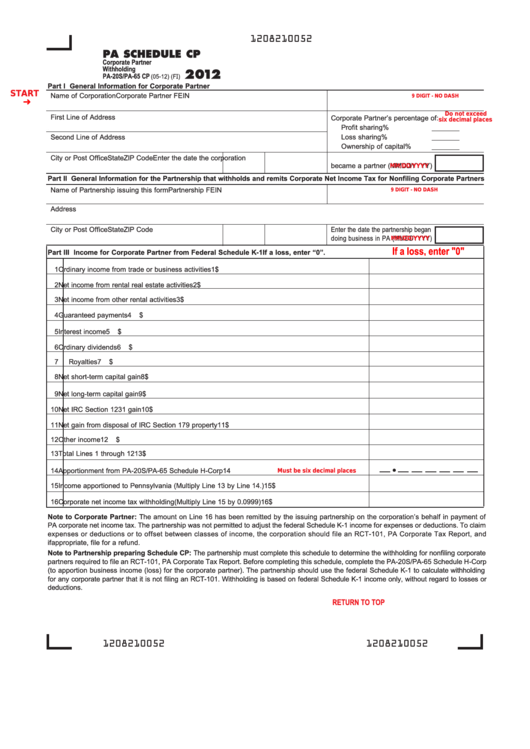 Fillable Form Pa-20s/pa-65 Cp - Pa Schedule Cp - Corporate Partner Withholding - 2012 Printable pdf
