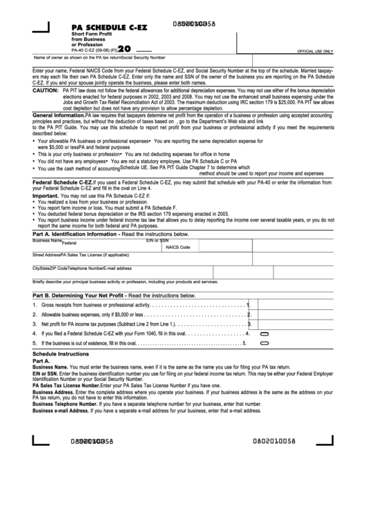 Fillable Form Pa-40 C-ez - Pa Schedule C-ez - Short Form Profit From 