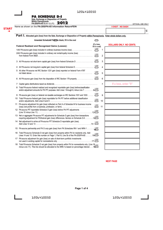 Fillable Form Pa-20s/pa-65 D - Pa Schedule D-I - Sale, Exchange Or Disposition Of Property Within Pennsylvania - 2012 Printable pdf
