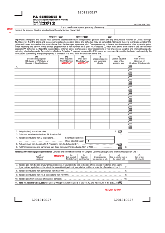 Fillable Form Pa-40 - Pa Schedule D - Sale, Exchange Or Disposition Of Property - 2012 Printable pdf