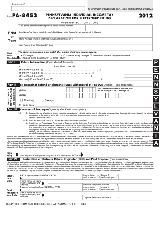Form Pa-8453 - Pennsylvania Individual Income Tax Declaration For Electronic Filing - 2012 Printable pdf