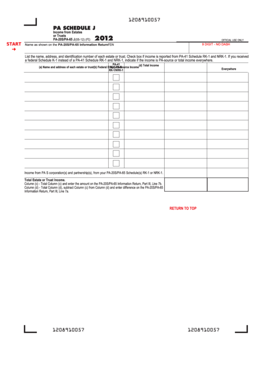 Fillable Form Pa-20s/pa-65 J - Pa Schedule J - Income From Estates Or Trusts - 2012 Printable pdf