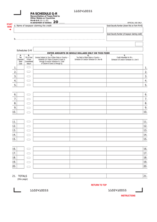 Fillable Form Pa-40 G-R - Pa Schedule G-R - Reconciliation Of Taxes Paid To Other States Or Countries Printable pdf