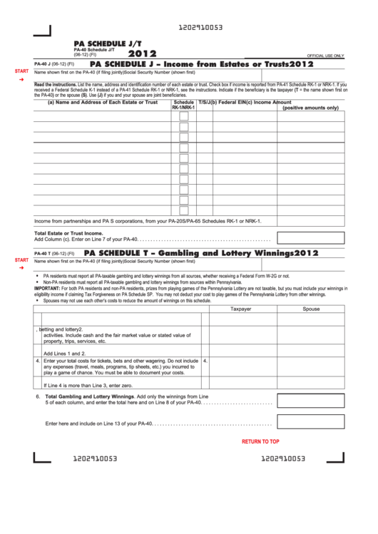 Fillable Form Pa-40 - Pa Schedule J - Income From Estates Or Trusts - 2012 Printable pdf
