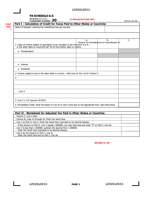 Fillable Form Pa-40 G-S - Pa Schedule G-S - Calculation Of Credit For Taxes Paid To Other States Or Countries Printable pdf