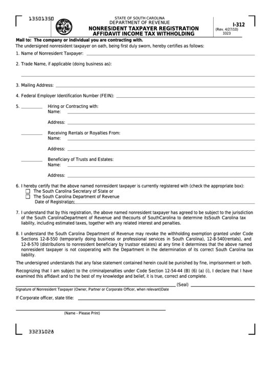 Fillable Form I-312 - Nonresident Taxpayer Registration Affidavit Income Tax Withholding Printable pdf