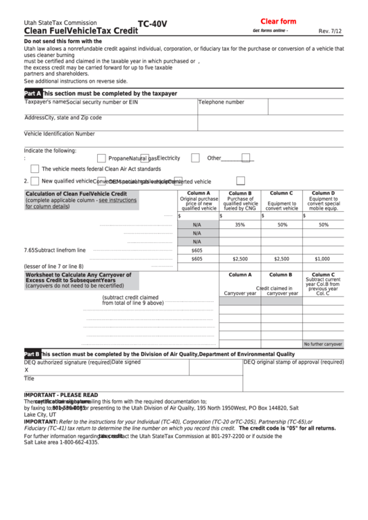 Fillable Form Tc-40v - Clean Fuel Vehicle Tax Credit Printable pdf