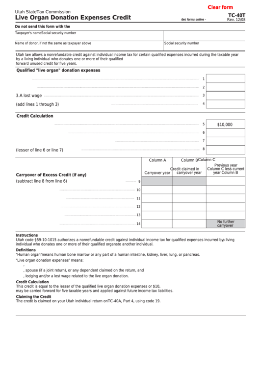 Fillable Form Tc-40t - Live Organ Donation Expenses Credit Printable pdf