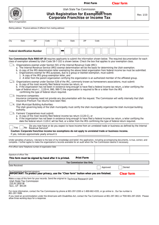 Fillable Form Tc-161 - Utah Registration For Exemption From Corporate Franchise Or Income Tax Printable pdf