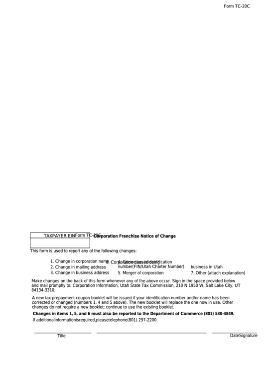 Form Tc-20c - Corporation Franchise Notice Of Change Printable pdf