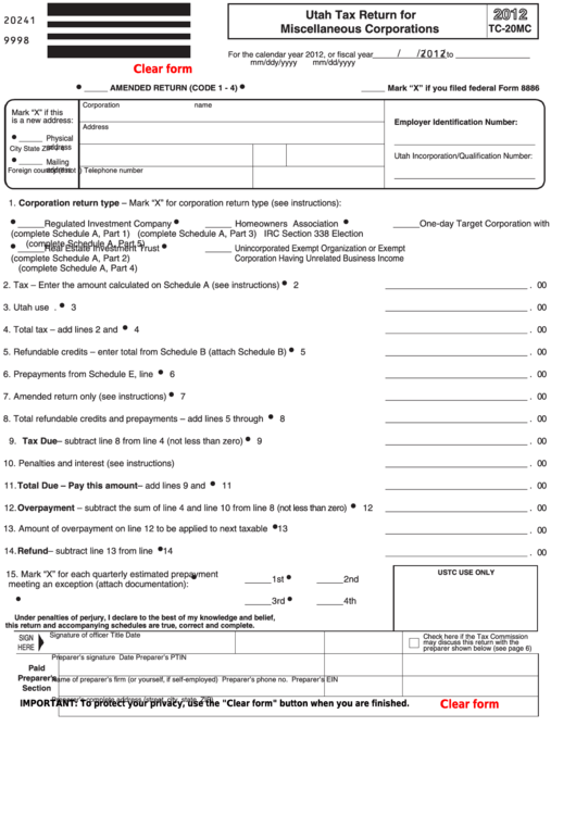 Fillable Form Tc-20mc - Utah Tax Return For Miscellaneous Corporations - 2012 Printable pdf