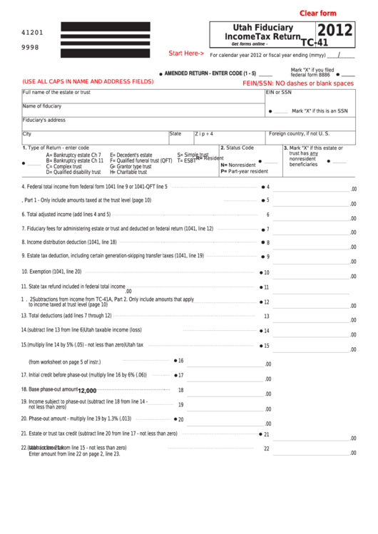 Fillable Form Tc-41 - Utah Fiduciary Income Tax Return - 2012 Printable pdf