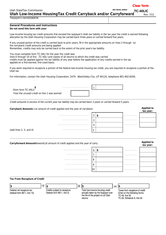 Fillable Form Tc-40lic - Utah Low-Income Housing Tax Credit Carryback And/or Carryforward Printable pdf