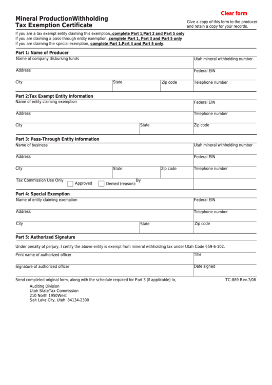 Fillable Form Tc-889 - Mineral Production Withholding Tax Exemption Certificate Printable pdf