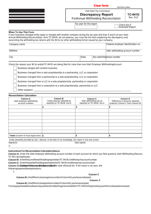 Fillable Form Tc-941d - Discrepancy Report For Annual Withholding Reconciliation Printable pdf