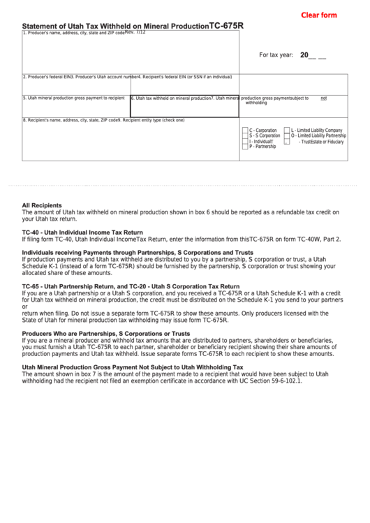 Fillable Form Tc-675r - Statement Of Utah Tax Withheld On Mineral Production Printable pdf