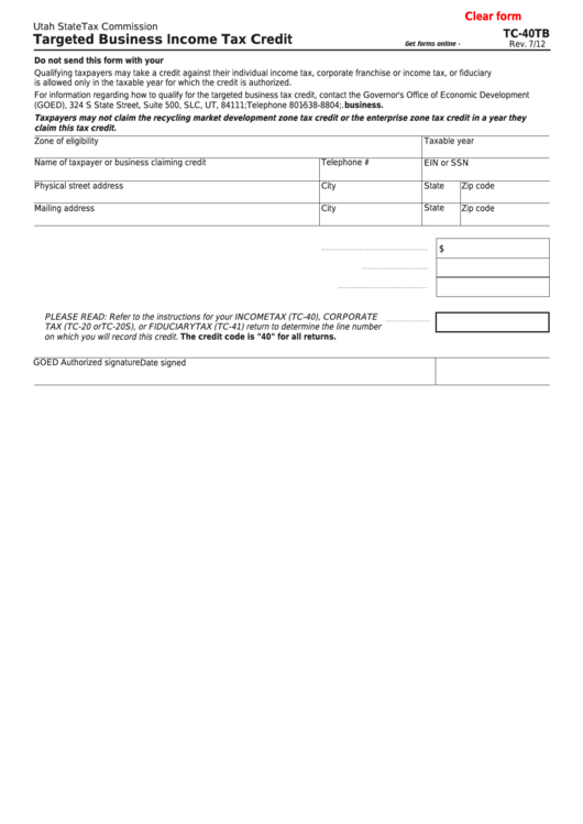 Fillable Form Tc-40tb - Targeted Business Income Tax Credit Printable pdf
