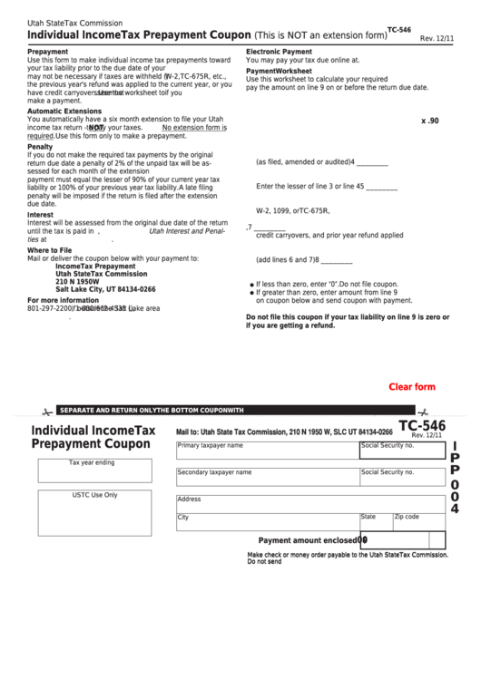 Fillable Form Tc-546 - Individual Income Tax Prepayment Coupon Printable pdf