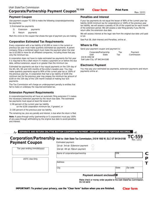 Fillable Form Tc-559 - Corporation/partnership Payment Coupon Printable pdf