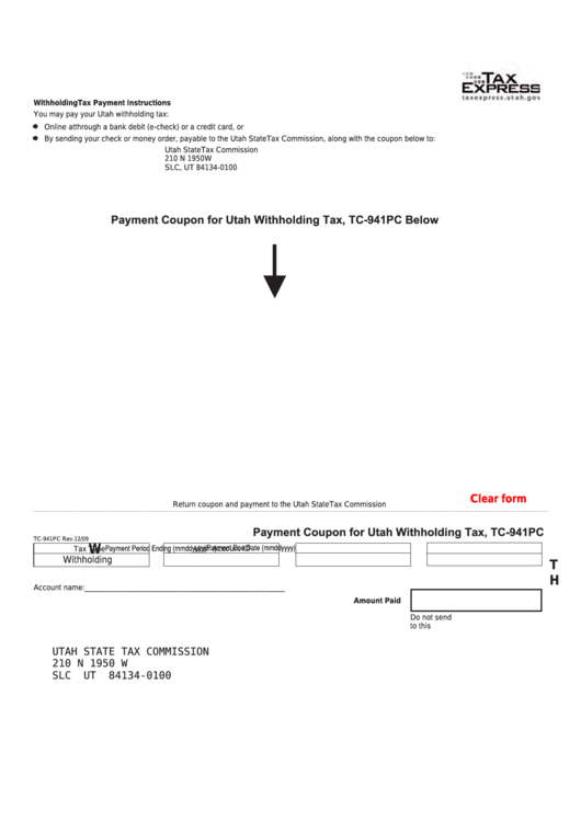 Fillable Form Tc-941pc - Payment Coupon For Utah Withholding Tax Printable pdf