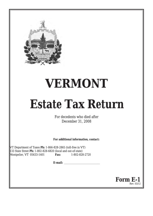 Form E-1 - Vermont Estate Tax Return Printable pdf