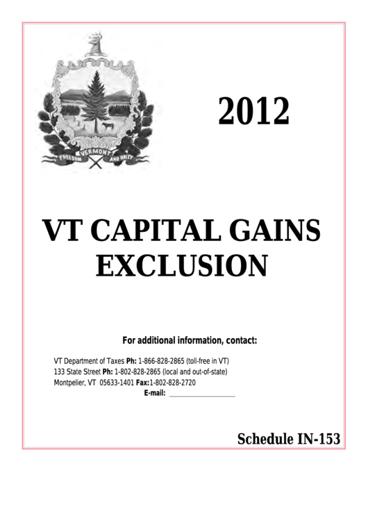 Schedule In-153 - Vt Capital Gains Exclusion - 2012 Printable pdf