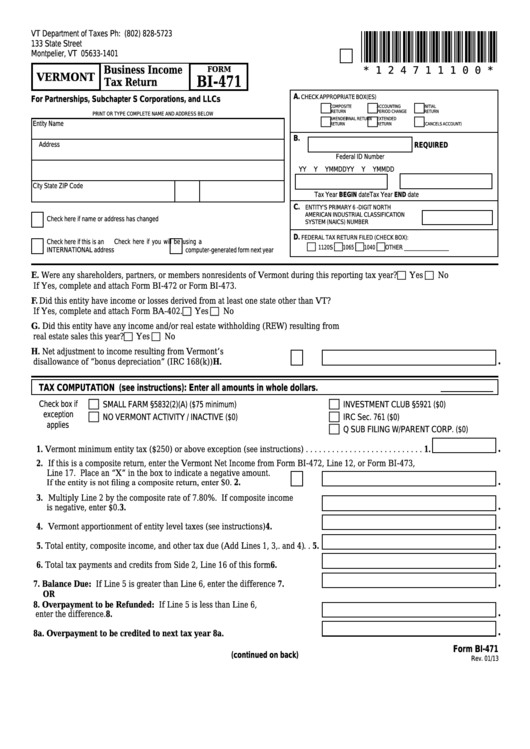 Form Bi 471 Vermont Business Income Tax Return Printable Pdf Download