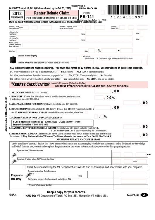 Form Pr 141 Vermont Renter Rebate Claim For Household Income Of 