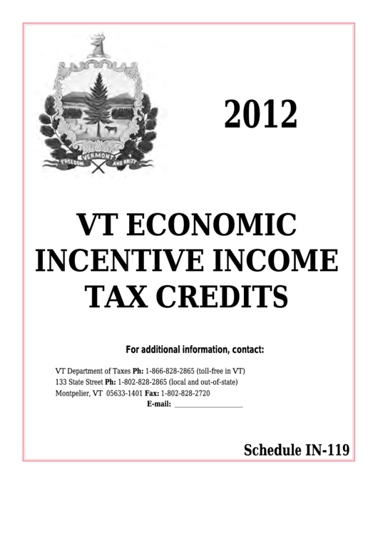 Schedule In-119 - Vt Economic Incentive Income Tax Credits - 2012 Printable pdf