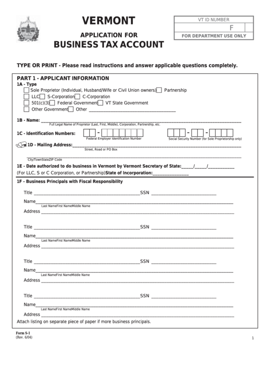 Form S-1 - Vermont Application For Business Tax Account Printable pdf