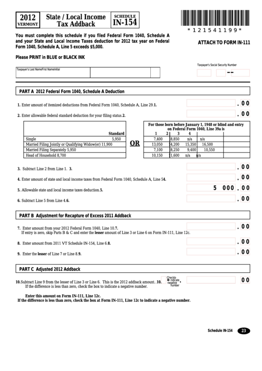 Schedule In-154 - Vermont State / Local Income Tax Addback - 2012 Printable pdf