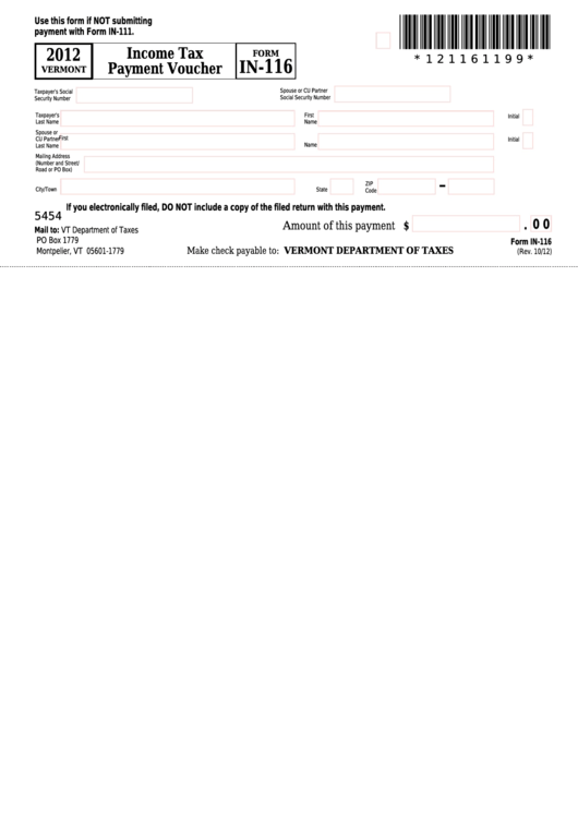 Fillable Form In-116 - Vermont Income Tax Payment Voucher - 2012 Printable pdf