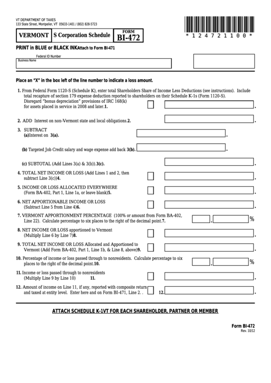 Form Bi-472 - Vermont S Corporation Schedule Printable pdf