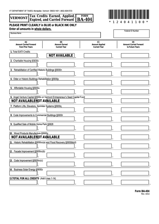 Form Ba-404 - Vermont Tax Credits Earned, Applied, Expired, And Carried Forward Printable pdf