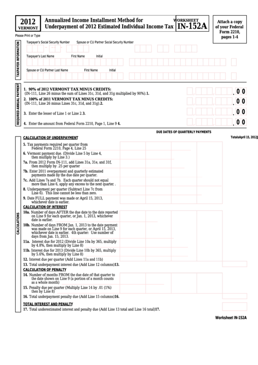 Worksheet In-152a - Vermont Annualized Income Installment Method For Underpayment Of 2012 Estimated Individual Income Tax - 2012 Printable pdf