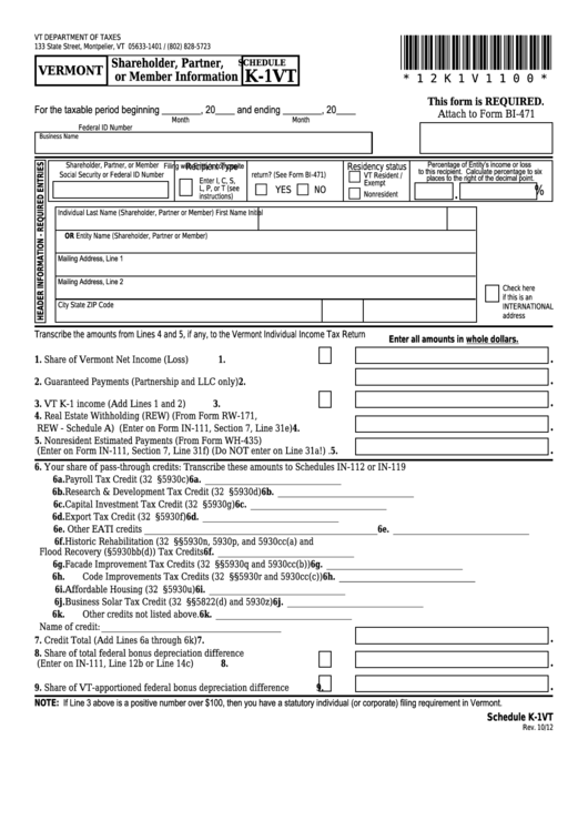Schedule K-1vt - Vermont Shareholder, Partner, Or Member Information Printable pdf