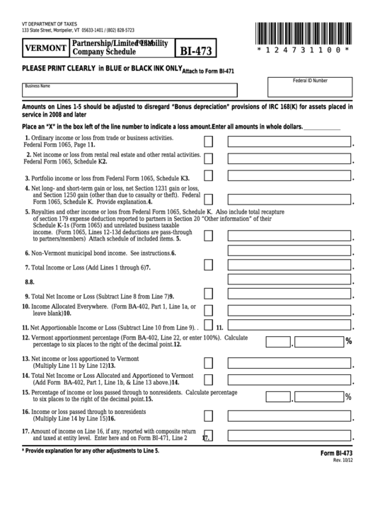 Form Bi-473 - Vermont Partnership/limited Liability Company Schedule Printable pdf