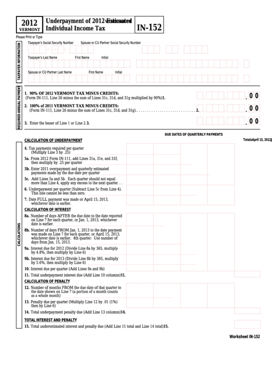Worksheet In-152 - Underpayment Of 2012 Estimated Individual Income Tax Printable pdf