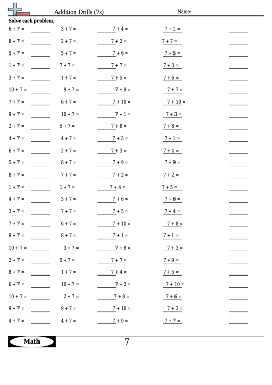 Addition Drills (7s) - Addition Worksheet With Answers Printable pdf