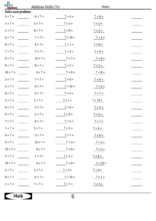 Addition Drills (7s) - Addition Worksheet With Answers Printable pdf