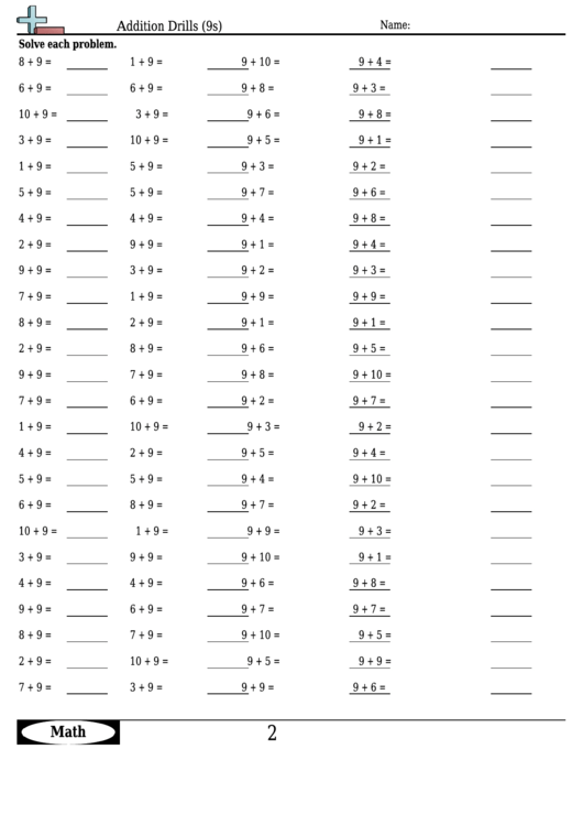Addition Drills (9s) - Addition Worksheet With Answers Printable pdf