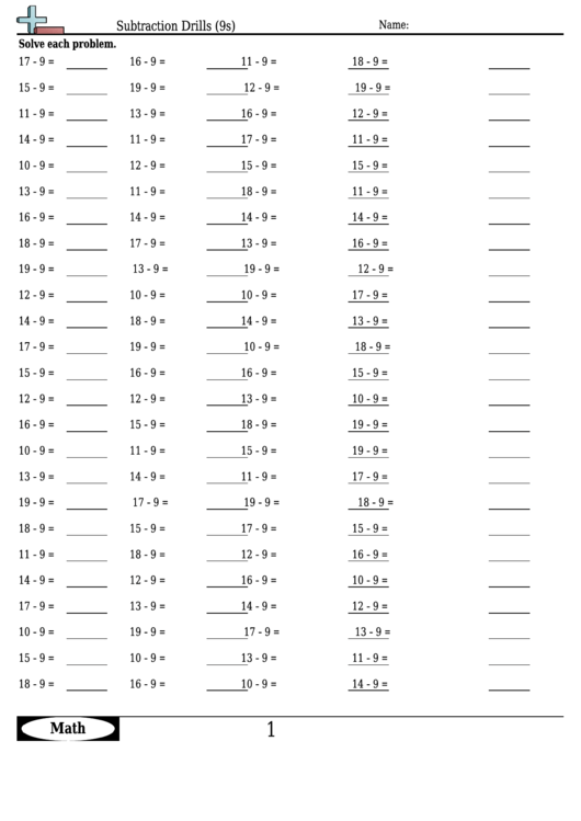 Subtraction Drills (9s) - Subtraction Worksheet With Answers printable ...