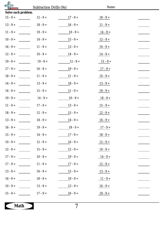 Subtraction Drills (9s) - Subtraction Worksheet With Answers printable ...