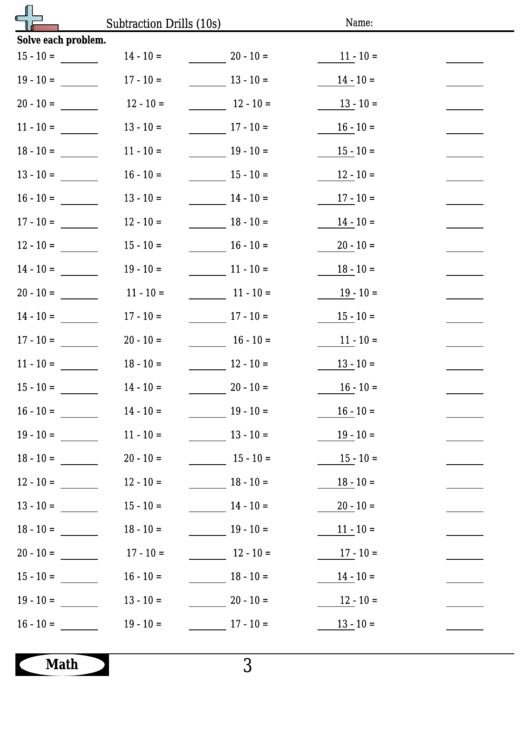 Subtraction Drills (10s) - Subtraction Worksheet With Answers Printable pdf