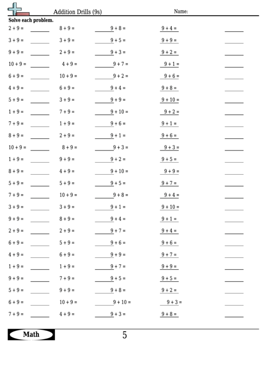 Addition Drills (9s) - Addition Worksheet With Answers Printable pdf