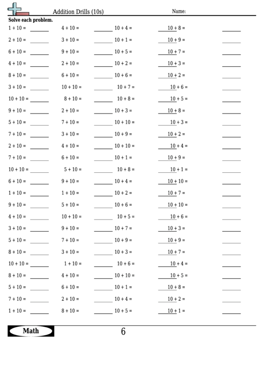 Addition Drills (10s) - Addition Worksheet With Answers Printable pdf