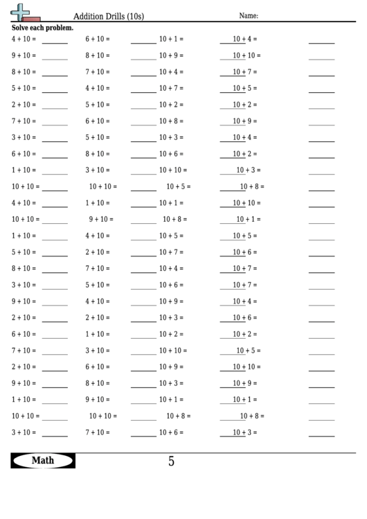 Addition Drills (10s) - Addition Worksheet With Answers printable pdf ...