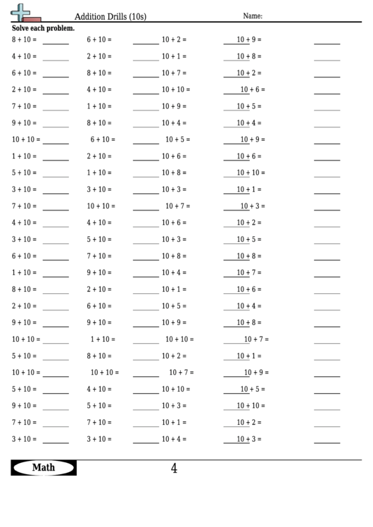 Addition Drills (10s) - Addition Worksheet With Answers Printable pdf