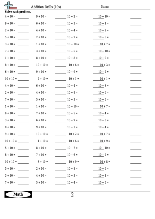 Addition Drills (10s) - Addition Worksheet With Answers Printable pdf
