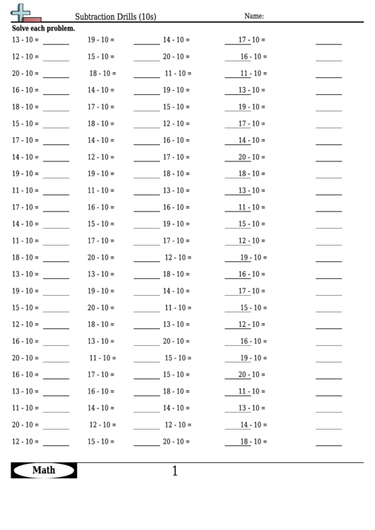 Subtraction Drills (10s) - Subtraction Worksheet With Answers printable ...